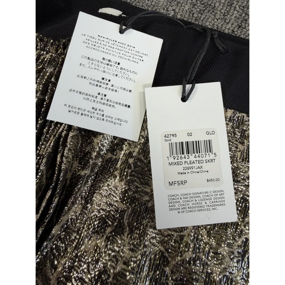 Coach Skirt Womens 2 Gold Metallic Mixed Pleated Lace Floral Mini Formal Party
